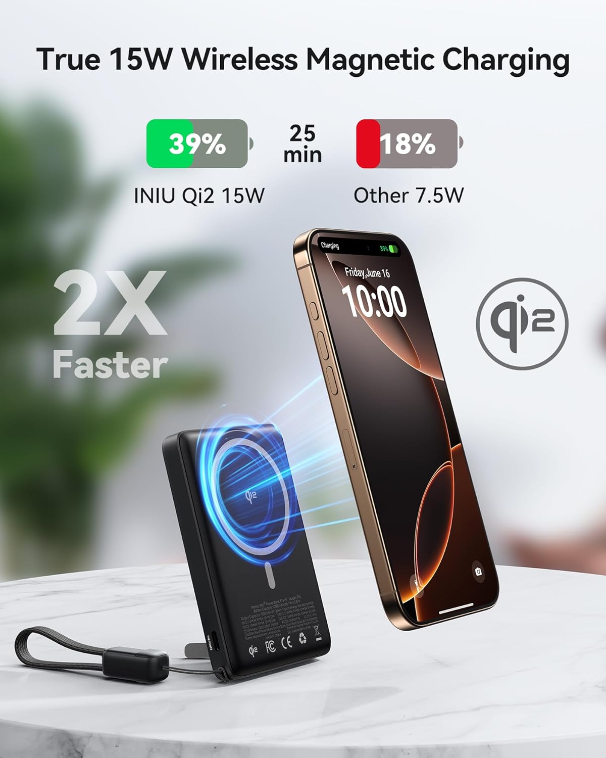 INIU Qi2 Magnetic Power Bank, Market's Slimmest 10000mAh Portable Charger with Foldable Stand for iPhone 16/15/14/13/12 Series