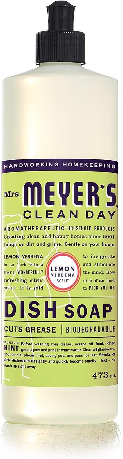 Mrs. Meyer's Clean Day Dish Soap, Cruelty Free and Biodegradable Dishwashing Liquid, Lemon Verbena Scent, 473 ml Bottle