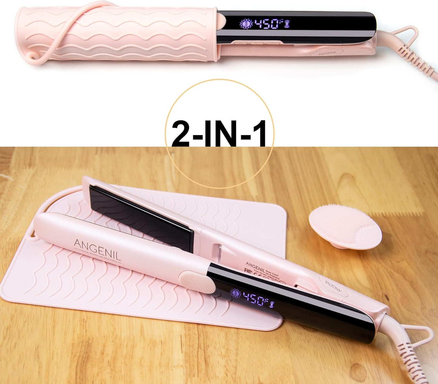 ANGENIL Pro Titanium Flat Iron Hair Straightener, Dual Voltage Straightening and Curling Iron in One, 15s Fast Heating, Negative Ion Round Pink Hair Straightener with Heat Resistant Silicone Mat Pad