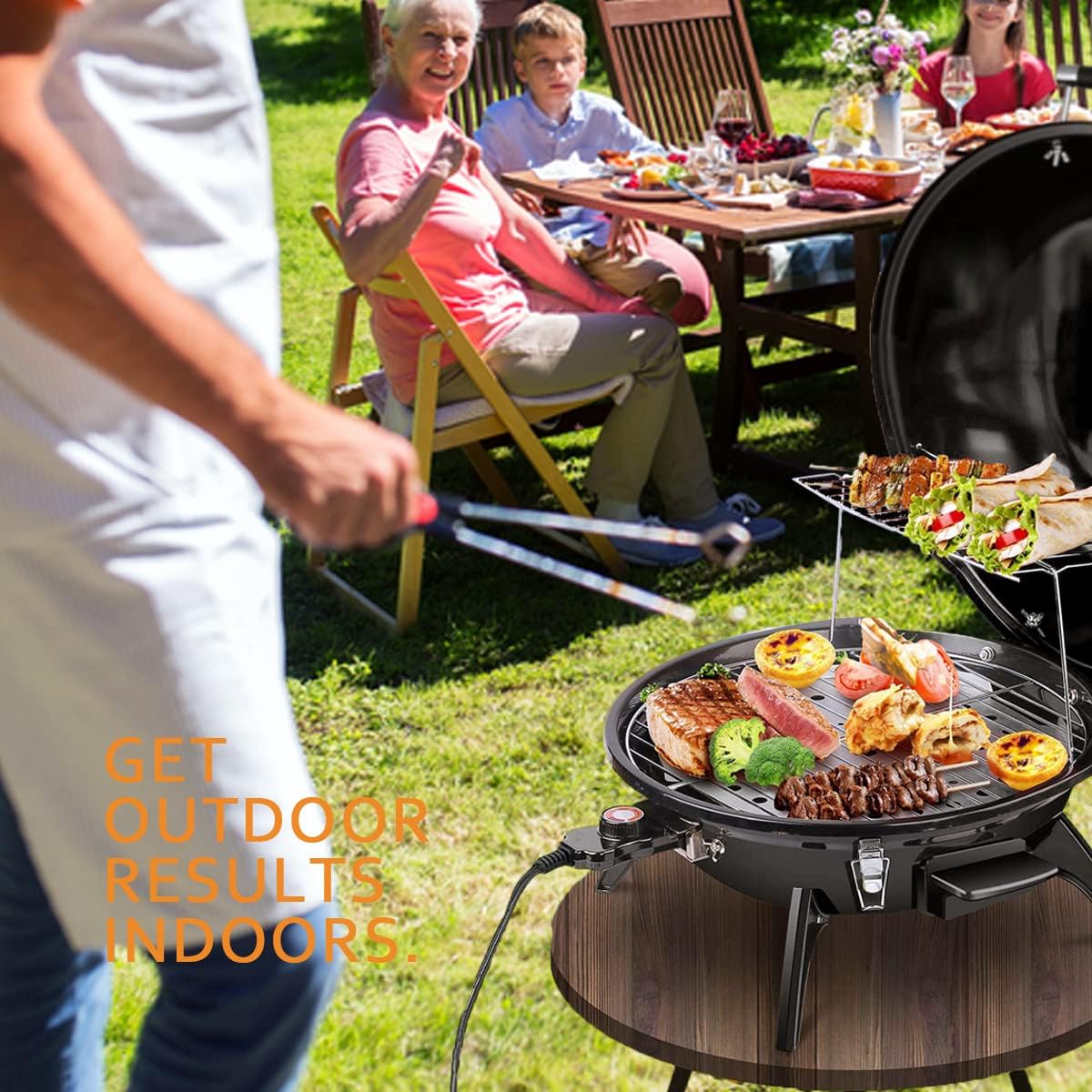 Electric BBQ Grill, Techwood 15-Serving Indoor/Outdoor Electric Grill for Indoor & Outdoor Use, Double Layer Design, Portable Removable Grill, 1600W (Tabletop Grill, Black)
