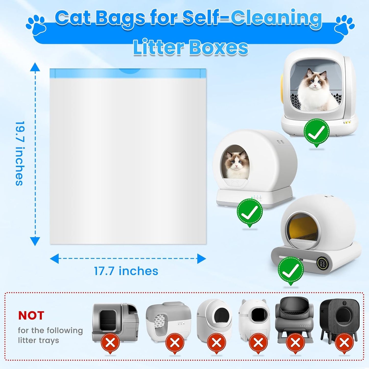 JYNSROU 120 Count Cat Litter Box Liners Bags for MeoWant MW-SC01 / MW-SC02, Extra-Thick Cat Waste Bags for Self-Cleaning Litter Box, Drawstring Self Cleaning Trash Bags -17.7" x 19.68"
