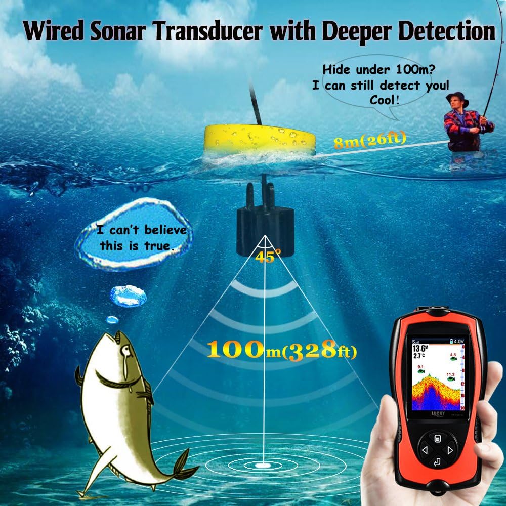 LUCKY Portable Fish Finder Wired Sonar Sensor Transducer 328 Feet Water Depth Finder LCD Screen for Kayak Fishing Ice Fishing Sea Fishing
