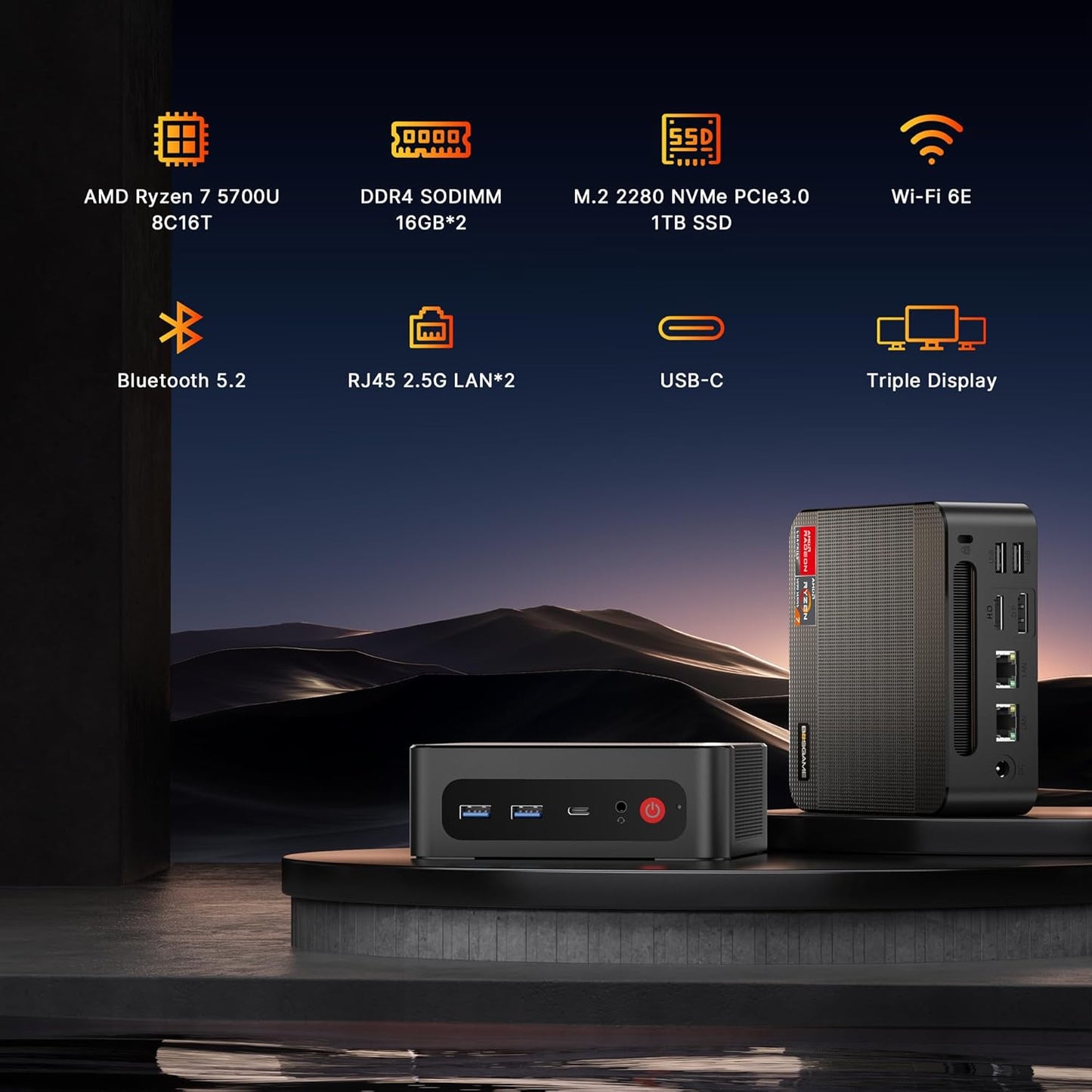 BOSGAME P4 Gaming Mini PC Ryzen 7 5700U 32GB RAM 1TB NVMe M.2 2280 SSD, 11-Pro OS Mini Computers, Micro PC 4K 60Hz Triple Display, HDMI+DP+Type-C, WiFi 6E, BT5.2, PD3.0, Dual 2.5GbE LAN