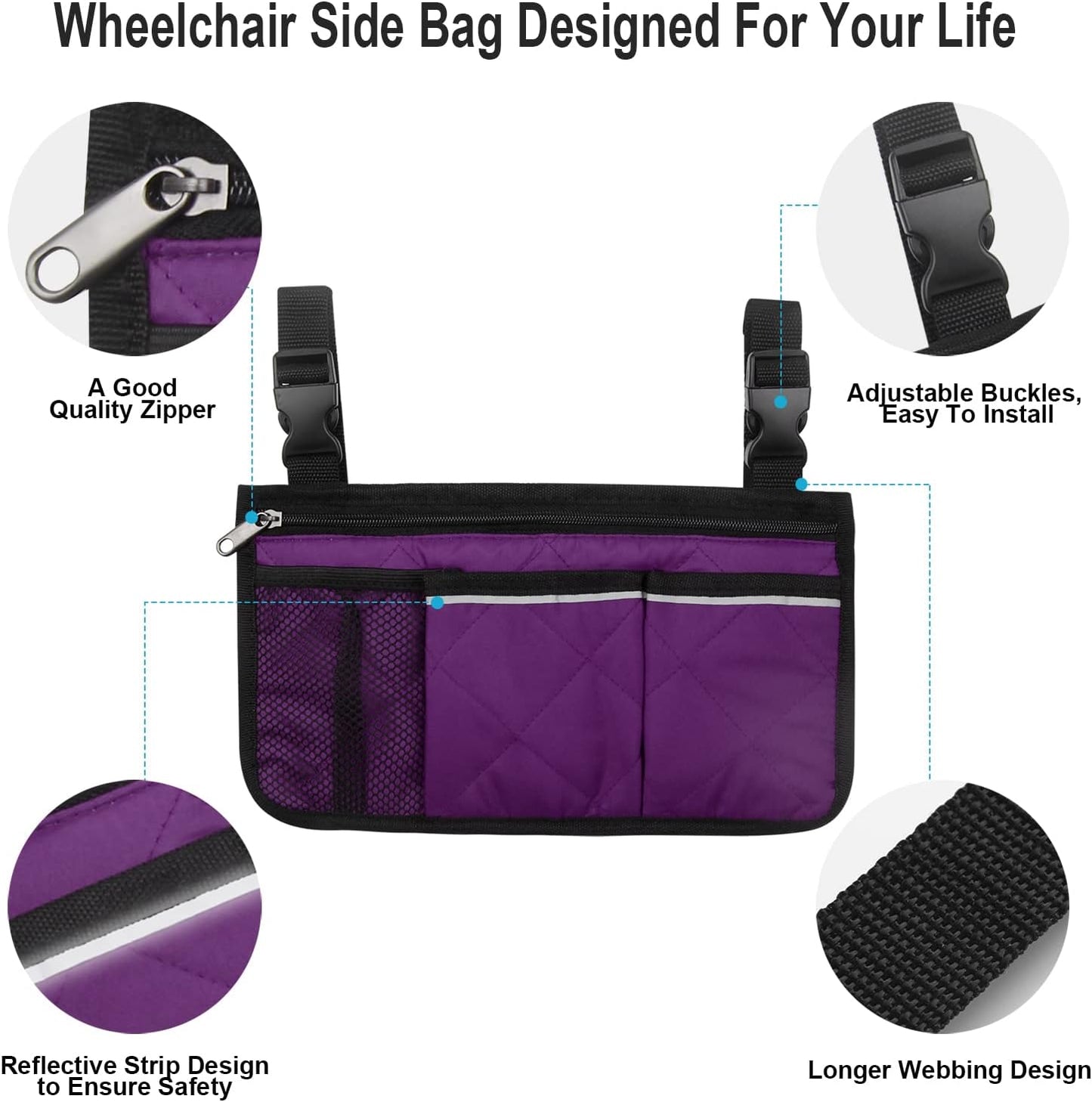 Wheelchair Side Bag, Wheelchair Armrest Storage Pouch with Cup Holder and Reflective Strip for Wheelchairs, Walkers or Rollators (Black)