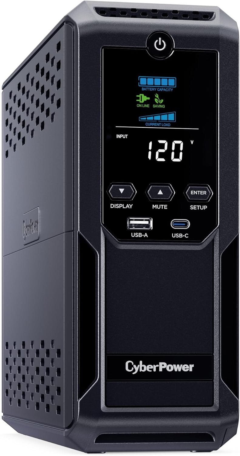 CyberPower CP1500AVRLCD3 Intelligent LCD UPS System, 1500VA/900W, 12 Outlets, 2 USB Ports, AVR, Mini Tower, Black