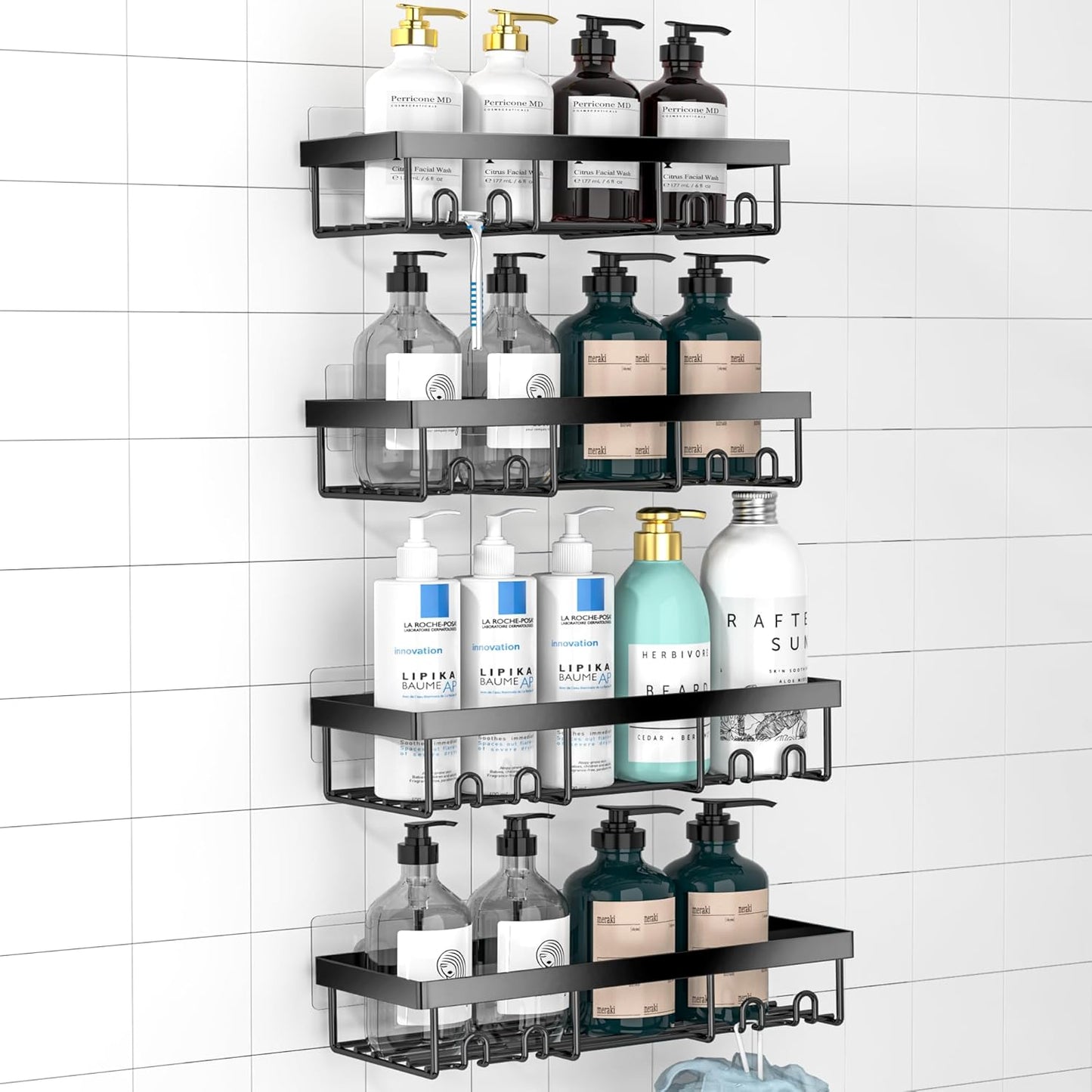 Moforoco Shower Caddy Shelf Organizer Rack, Self Adhesive Black Bathroom Shelves Basket, Home Farmhouse Wall Shower Inside Organization and Storage Decor Rv Accessories, First Apartment Essentials