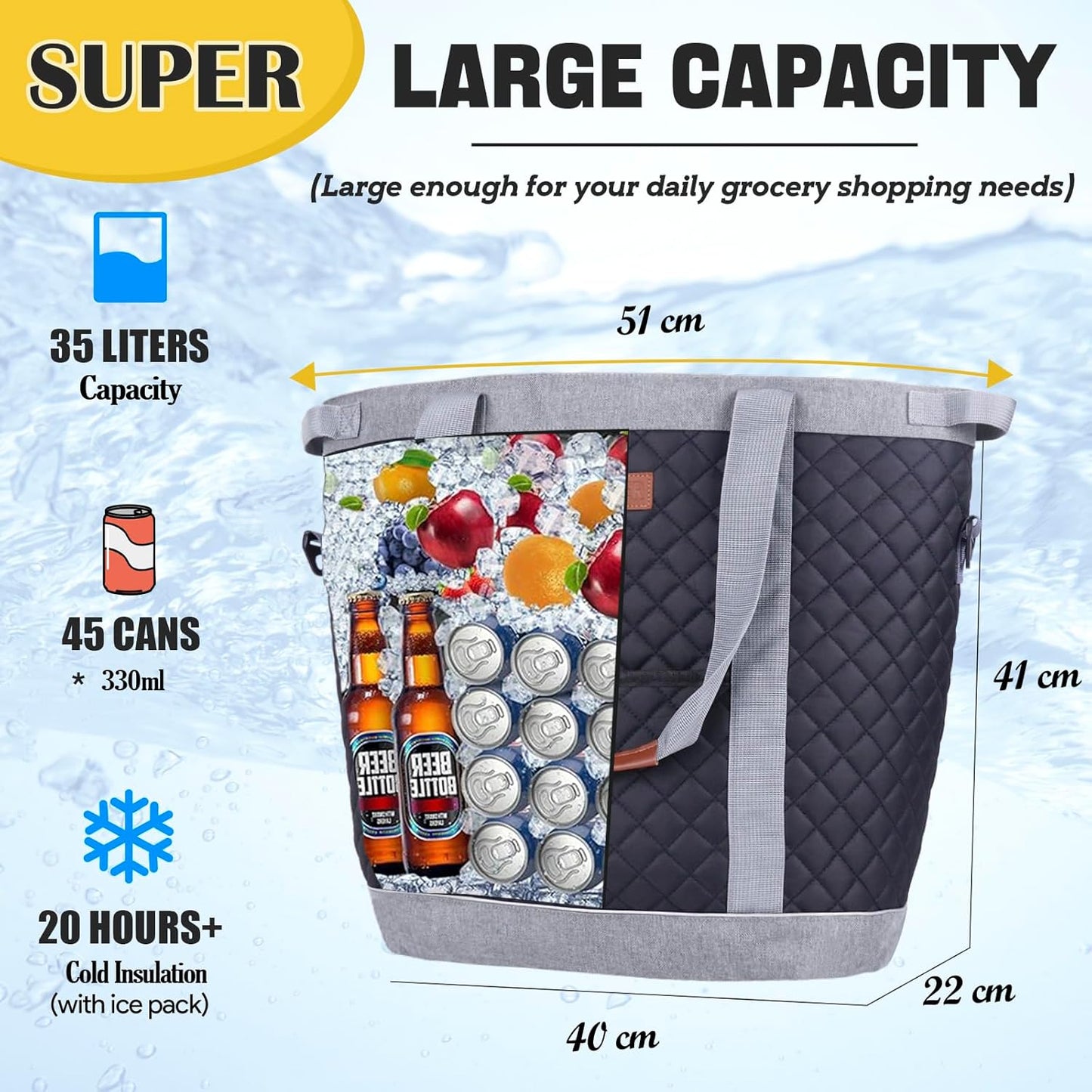 INSMEER Extra Large Tote Cooler Bags - 45 Cans/35L, Collapsible Soft Side Cooler with Shoulder Strap, Leakproof/Waterproof/Insulated/Reusable Grocery Bag for Beach, Camping, Travel, Grocery Shopping