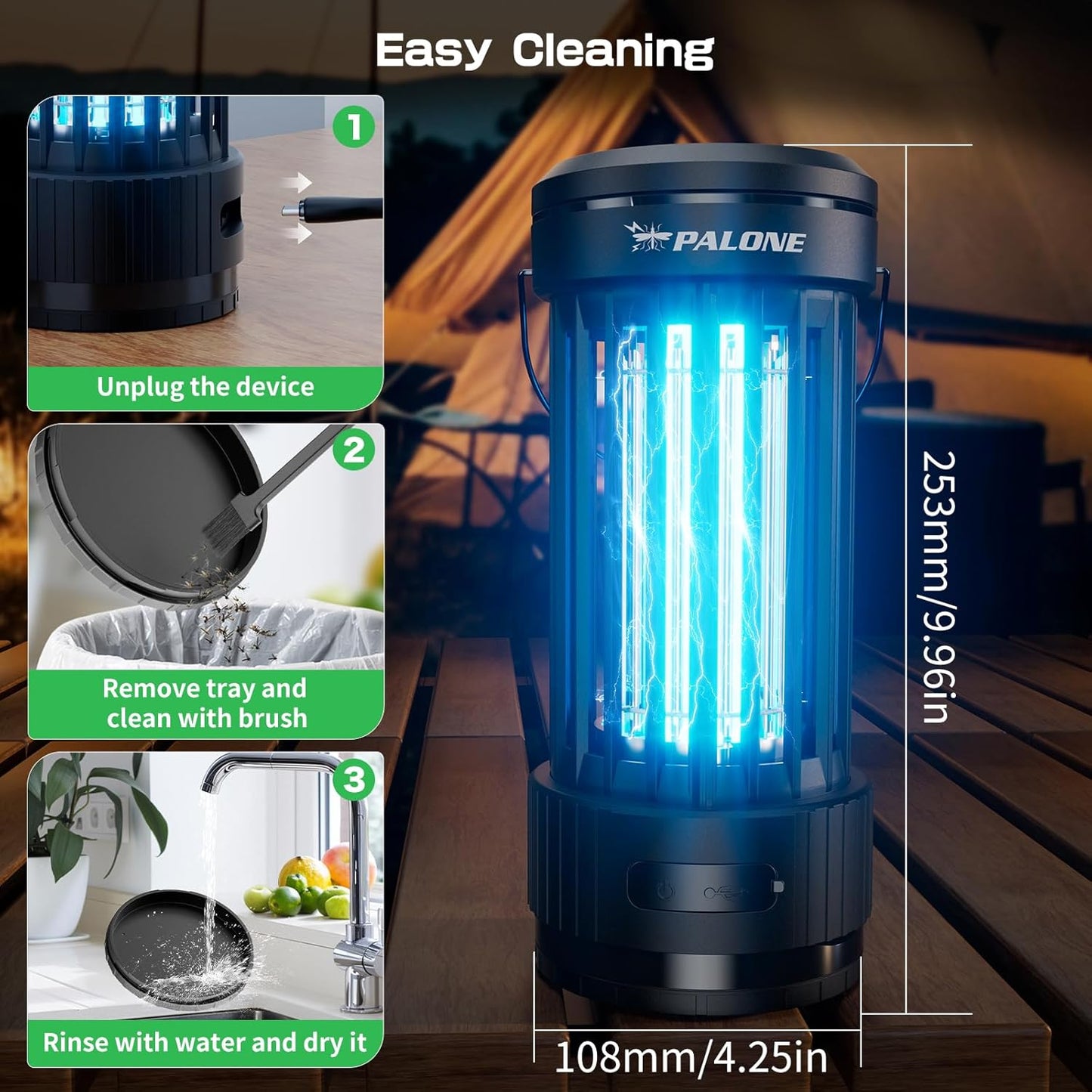 PALONE Bug Zapper, 4000mAh Electric Bug Zapper with LED Light, Retractable Fly Zapper with 3 Levels of Lighting Intensity Used for Indoor Outdoor