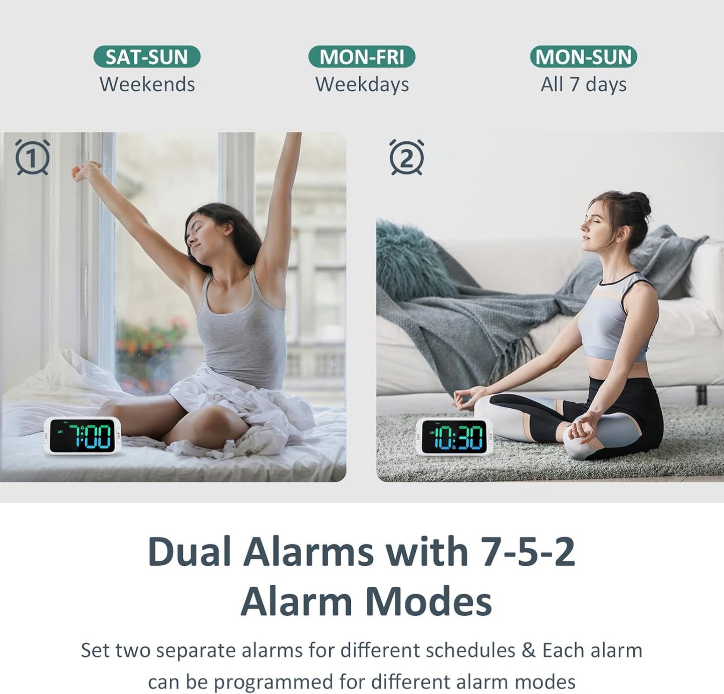 Odokee Digital Dual Alarm Clock for Bedroom, Easy to Set, 0-100% Dimmer, USB Charger, 5 Sounds Adjustable Volume, Weekday/Weekend Mode, Snooze, 12/24Hr, Battery Backup, Compact Clock for Bedside(Blue)