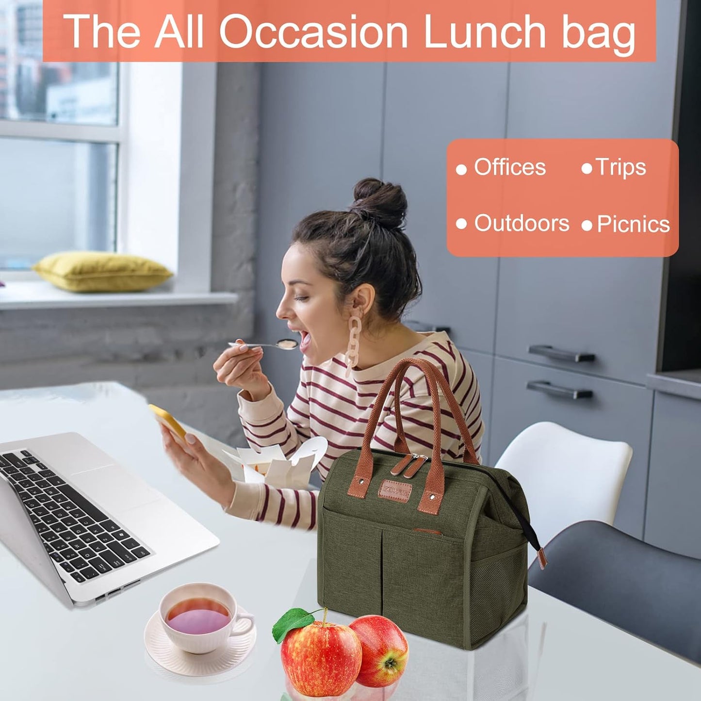 Lunch Bag for Women & Men, Insulated Lunch Box Cooler Tote Bags, Adult Reusable Lunch Boxes with Water Resistant for Work, Travel and Picnic (Grey)