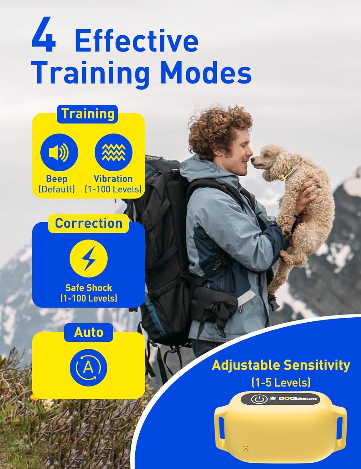 DOGLinsen 2-in-1 Bark and Shock Collar for Dogs, Smart Anti Barking Dog Training Collar with 5 Adjustable Sensitivity, Automatic Bark Collar with Remote, Vibration, Beep, Shock and Automatic