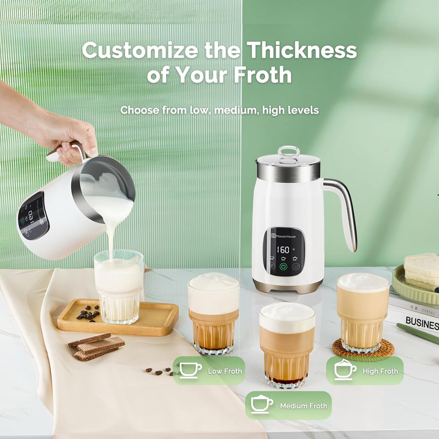 Maestri House Milk Frother, Variable Temp and Froth Thickness Milk Frother and Steamer, 14.1OZ/400ML Smart Touch Control Foam Maker, Memory Function for Latte, Warm Milk, Hot Chocolate,DualFro 400