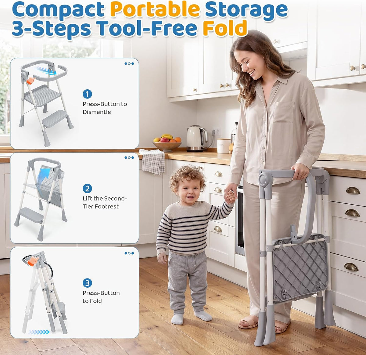 Orzbow Toddler Tower, Foldable Step Stool Kitchen Helper, Safety Rail & Net