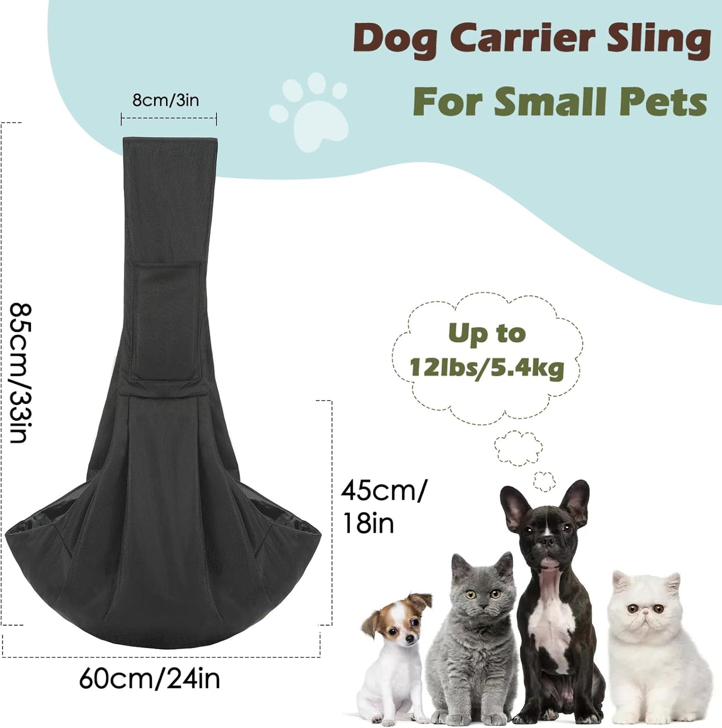 Pawaboo Small Dog Sling Carrier, Reversible Hands Free Dog Sling Carrier for Small Dogs and Cats, Puppy Sling Carrier with Adjustable Strap Buckle & Safety Harness, Puppy Essentials, Grey
