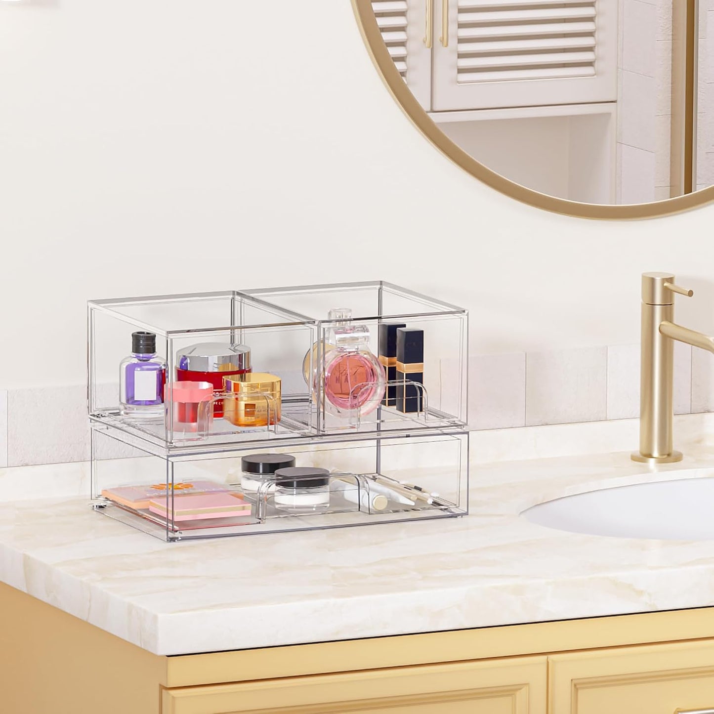 Vtopmart 3 Pack Stackable Clear Plastic Drawer Organizer, Makeup Organizers and Storage for Eyeshadow Palettes, Cosmetics, Beauty Supplies, Ideal for Vanity, Desk, Office, Bathroom Organization