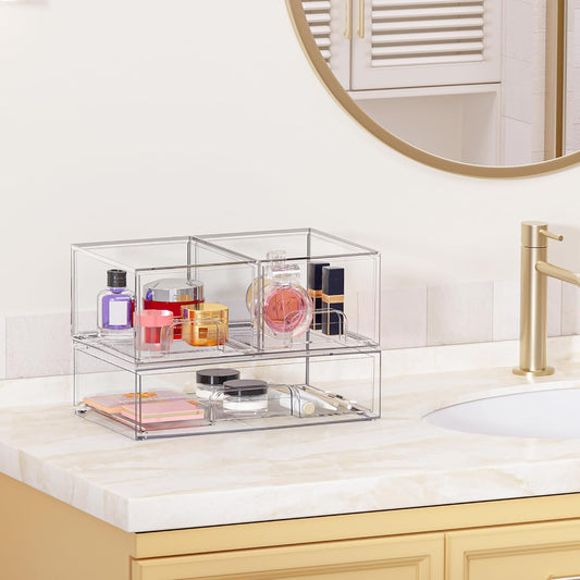 Vtopmart 3 Pack Stackable Clear Plastic Drawer Organizer, Makeup Organizers and Storage for Eyeshadow Palettes, Cosmetics, Beauty Supplies, Ideal for Vanity, Desk, Office, Bathroom Organization - PuriLite