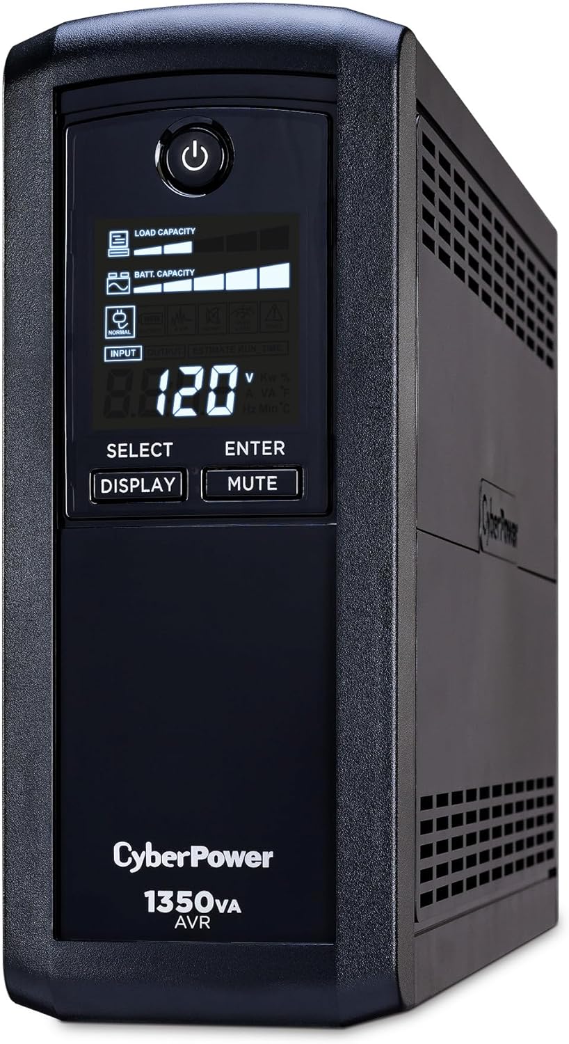 CyberPower CP1500AVRLCD3 Intelligent LCD UPS System, 1500VA/900W, 12 Outlets, 2 USB Ports, AVR, Mini Tower, Black