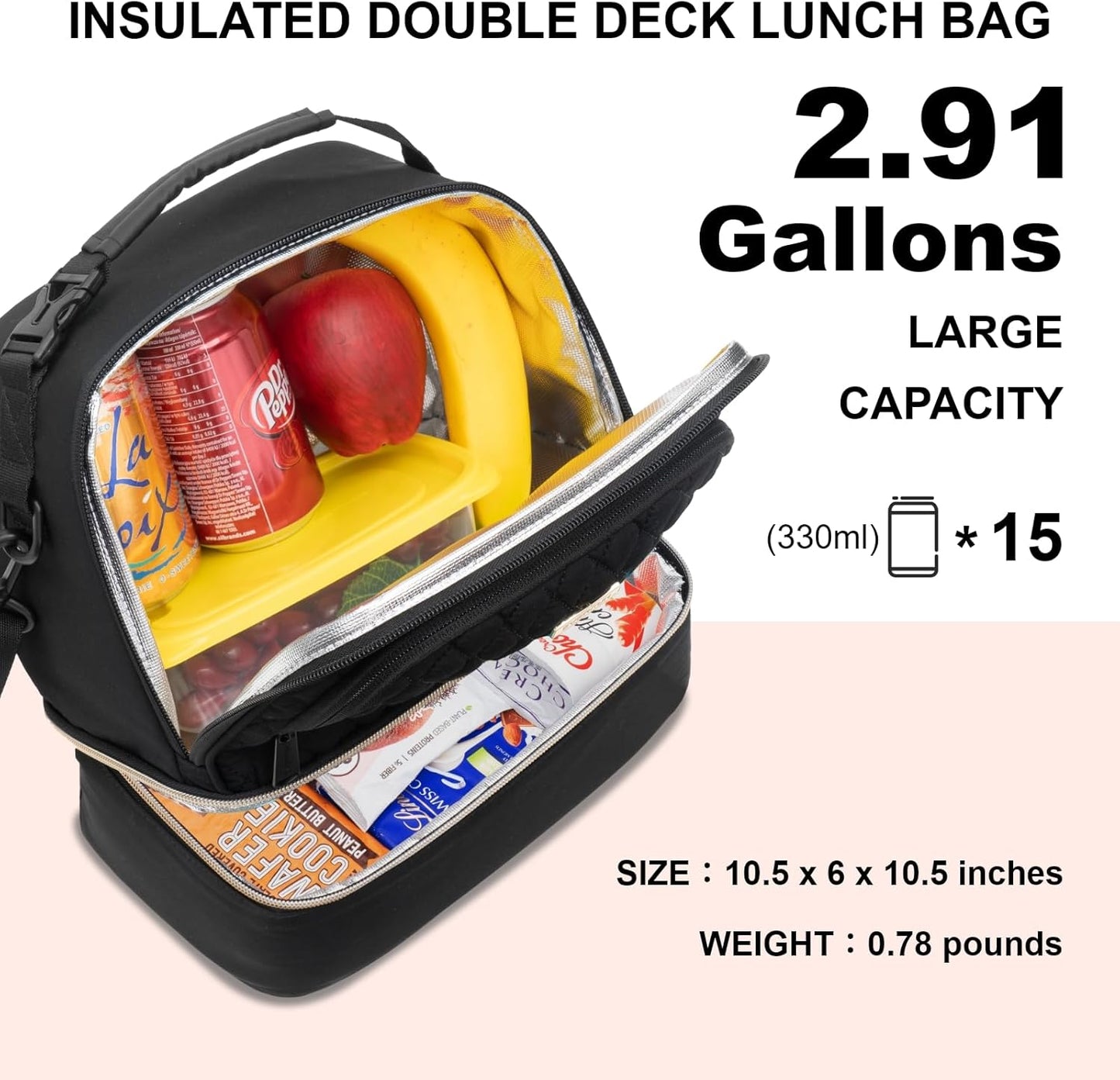 Everfun Womens Lunch Box Two Compartments Insulated Lunch Tote Bag Large Leakproof Soft Cooler for Work Picnic Travel, Black