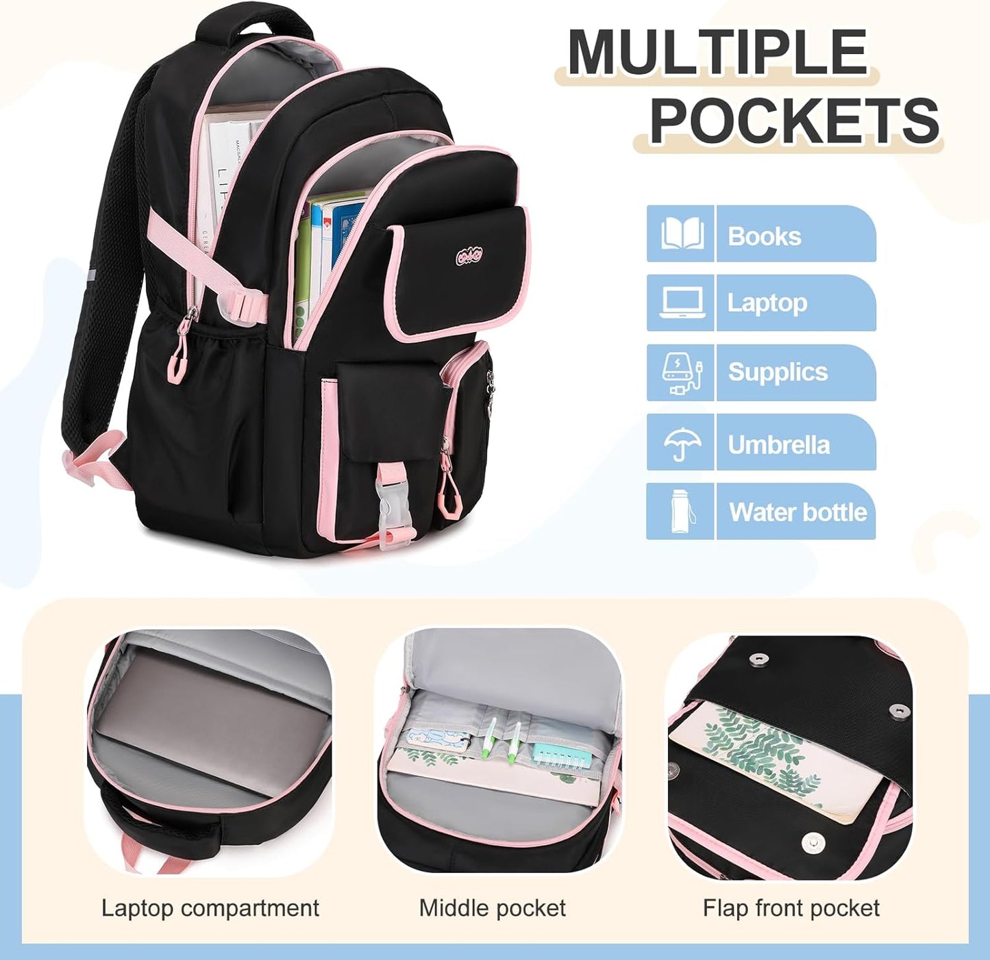 3PCS School Backpack for Girls with Lunch Box Pencil Pouch for Teen Girls Children Elementary Primary Middle High College Daypack School bag Bookbag Set Pink