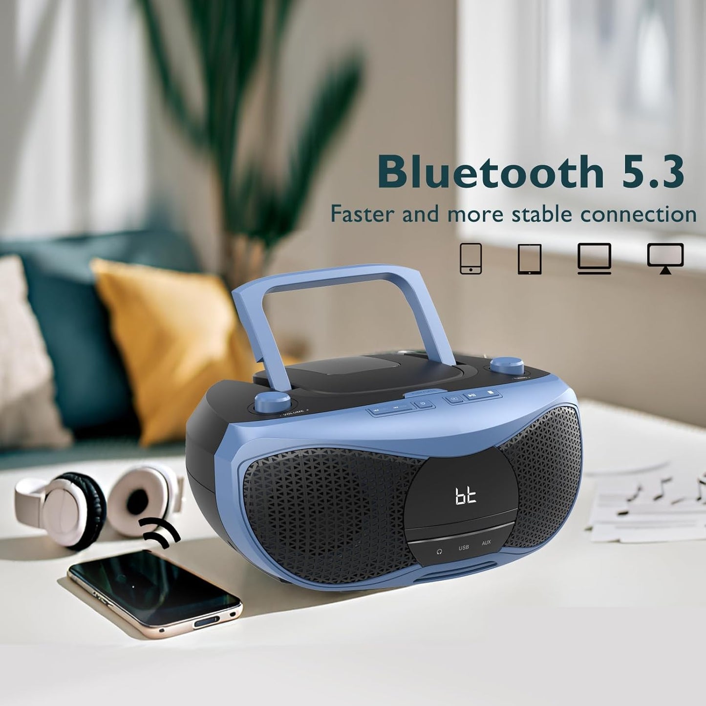 LONPOO Portable CD Player | Stereo Bluetooth Boombox | FM Radio Turn Knob | Auto Lid Open Button | Big LCD Display | Concealed Ports of USB/AUX/Earphone | Rear Power Protection Button (LP-D12)