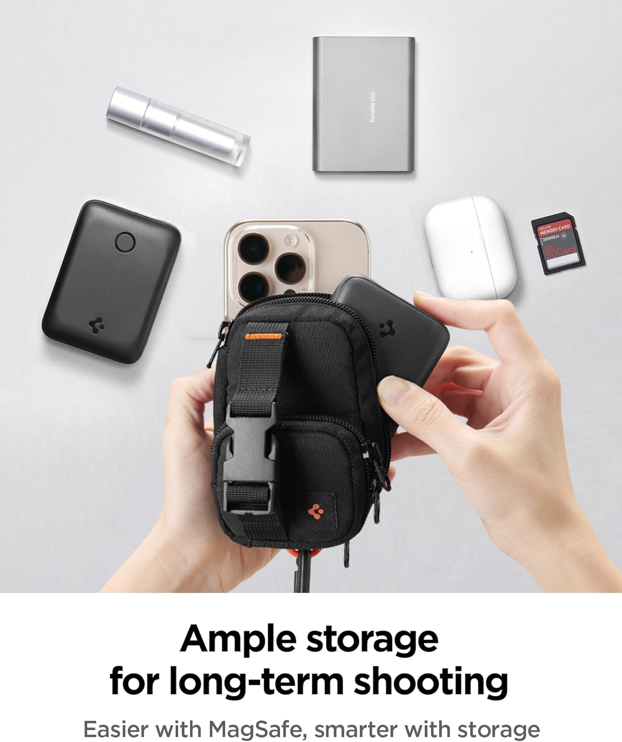 Spigen Snap Zip (MagFit) Magnetic Pouch Organizer EDC Everyday Carry SSD Card Storage Holder Wallet Belt, Backpack Clip Designed for MagSafe Compatible with iPhone 16/15/14/13/12 Models - Black
