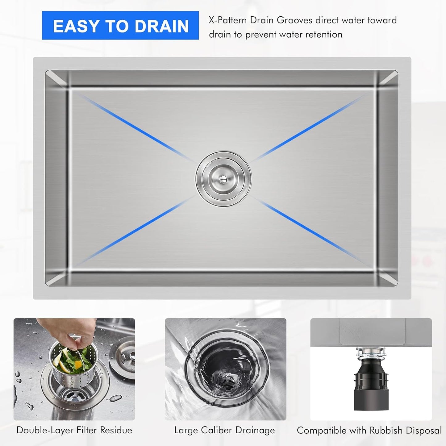 MENATT 20-inch Undermount Kitchen Sink, SUS304 Stainless Steel Handmade Single Bowl Kitchen Sink with Sink Strainer (Brushed), 20"x16"x9"