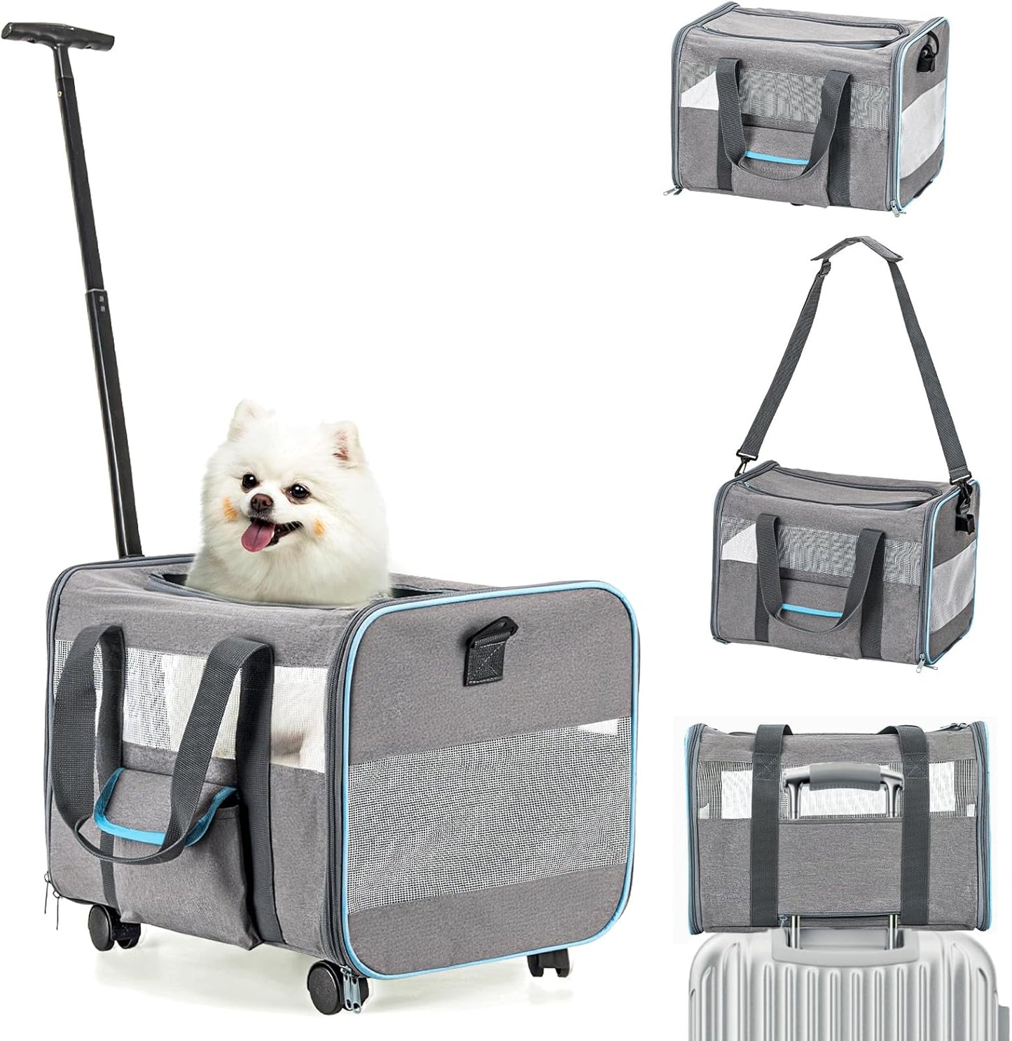 UNICITII Pets Carrier for Small Cat, Dog Medium Cats Puppies up to 20 Lbs, Airline Approved Carrier Soft Sided, Collapsible Travel Puppy Carrier (Grey-with Wheels)