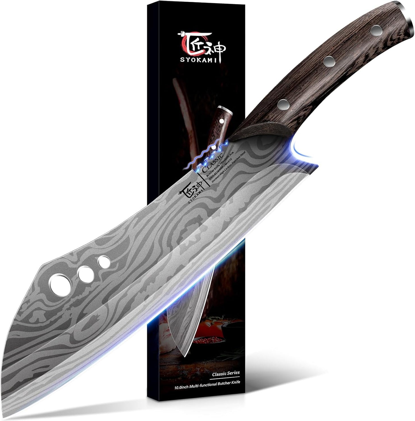 SYOKAMI Meat Cleaver Chef Knife, 7.7 Inch Multifunction Butcher Knife with Herb Stripper and Sheath, Chinese Cleaver Heavy Duty Bone Chopper, Meat Cutting, Damascus Pattern Full Tang Wood Handle