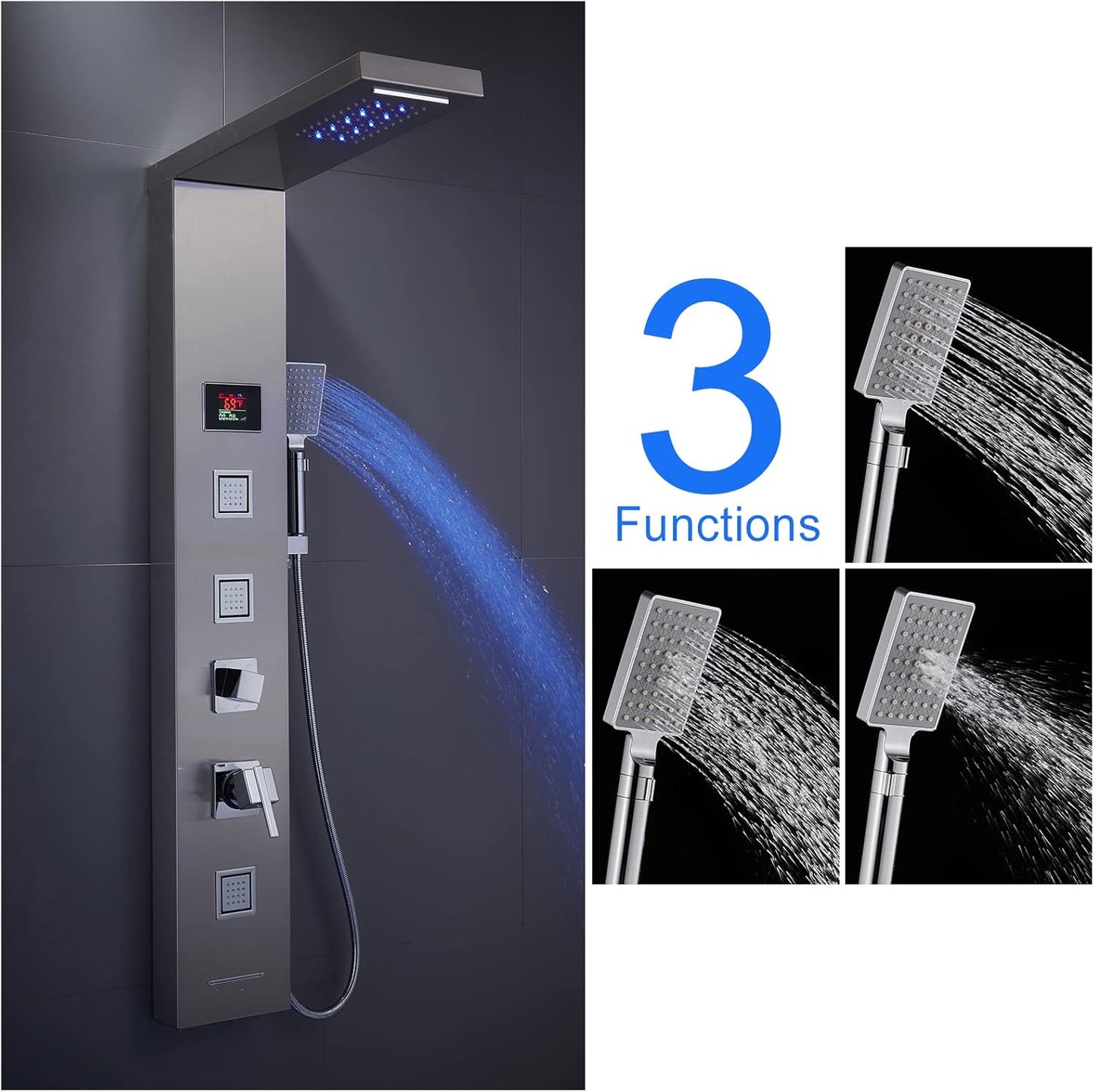 LED Shower Panel Tower System Black, MENATT 304 Stainless Steel 5-Function Shower Panel Rainfall Waterfall Shower Rain Massage System with Body Jets