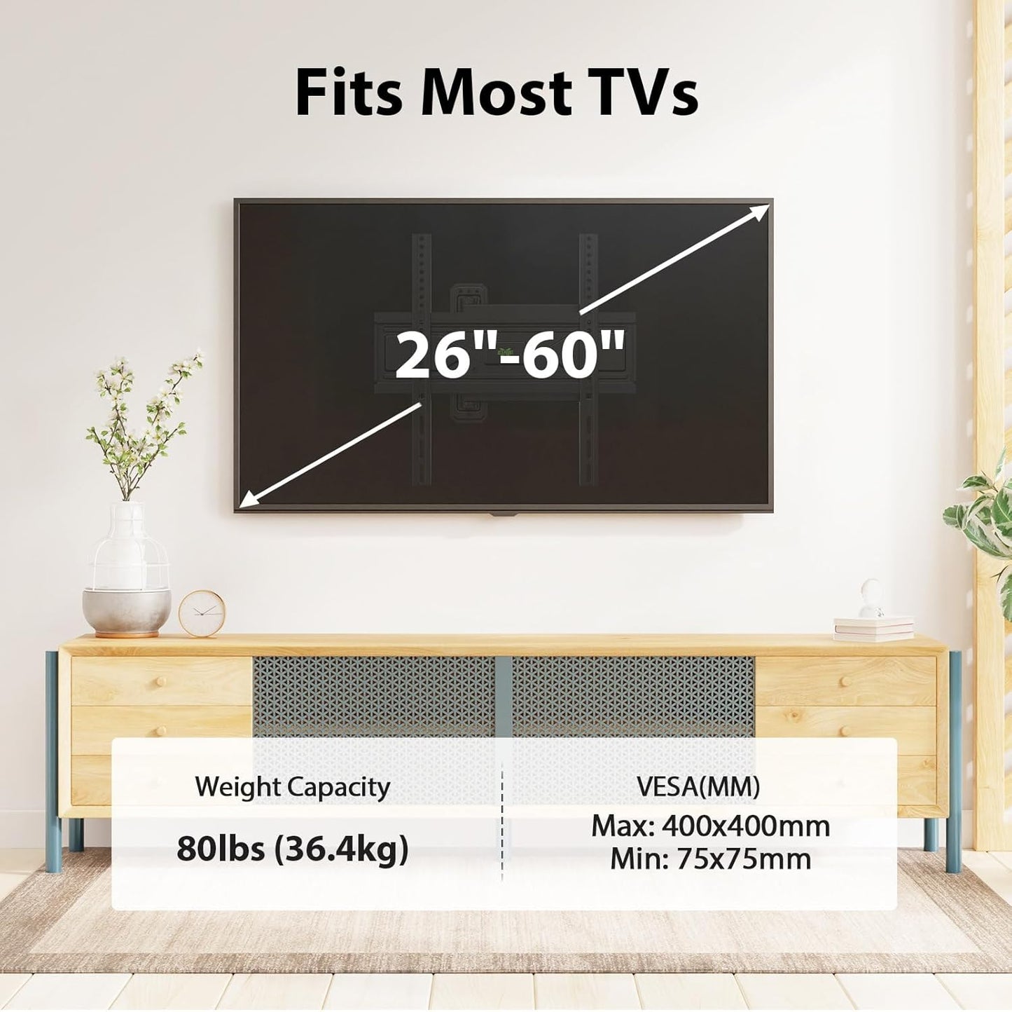 USX MOUNT Full Motion TV Wall Mount for Most 26-60 inch TVs up to 80 Lbs, Wall Mount TV Bracket with Articulating Swivel Tilting, Single Stud TV Mount, Max VESA 400x400mm, XMM904