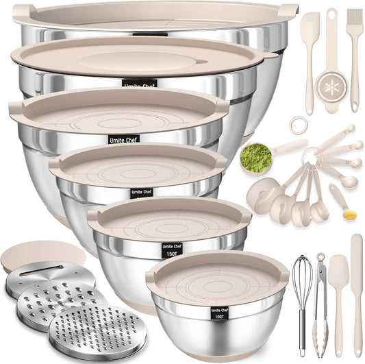 Mixing Bowls with Airtight Lids Set, 26PCS Stainless Steel Khaki Bowls with Grater Attachments, Non-Slip Bottoms & Kitchen Gadgets Set, Size 7, 4, 2.5, 2.0,1.5, 1QT, Great for Mixing & Serving - PuriLite