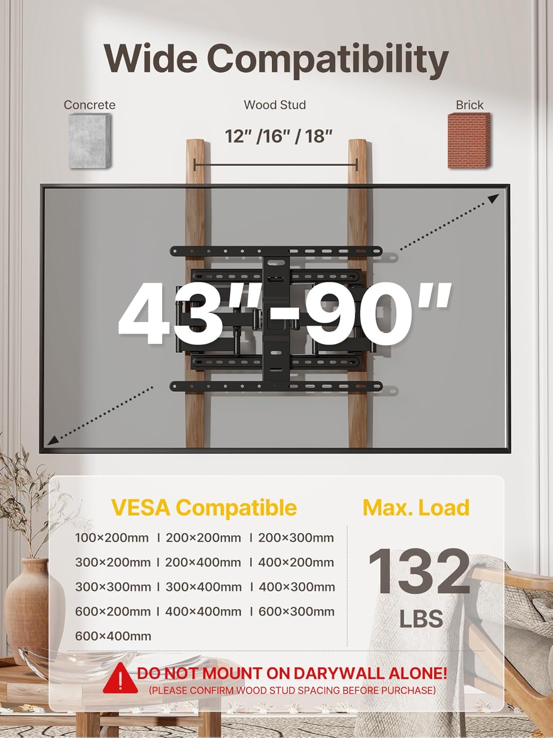 monTEK Ultra Slim TV Wall Mount for Most 43-90 inch TVs, 1.1" Thin Low Profile TV Bracket, Full Motion TV Mount Dual Swivel Articulating Tilt 6 Arms, Max VESA 600x400mm, Up to 132lbs, 16"/18" Studs
