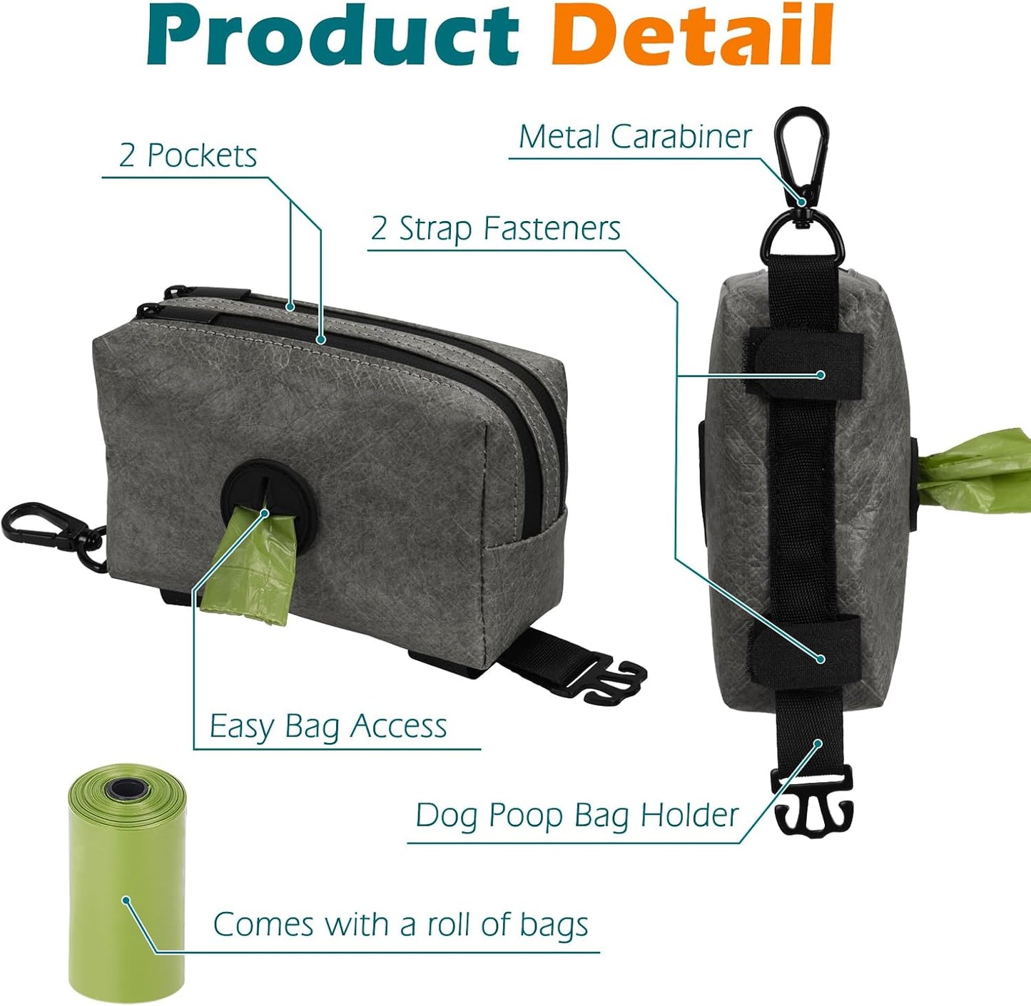 PetBonus Waterproof Dog Poop Bag Holder for leashes, Portable Pet Waste Bag Dispenser, 2 Pouches for Treat Holder and Walking Accessories, Fit All Leashes, Includes 1 Roll of Dog Poop Bags (Green)