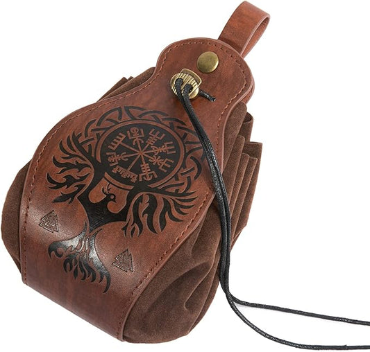 HiiFeuer Medeival Faux Leather Pouch, Portable Drawstring Purse, Vintage Belt Pouch Dice Bag For LARP Ren Faire