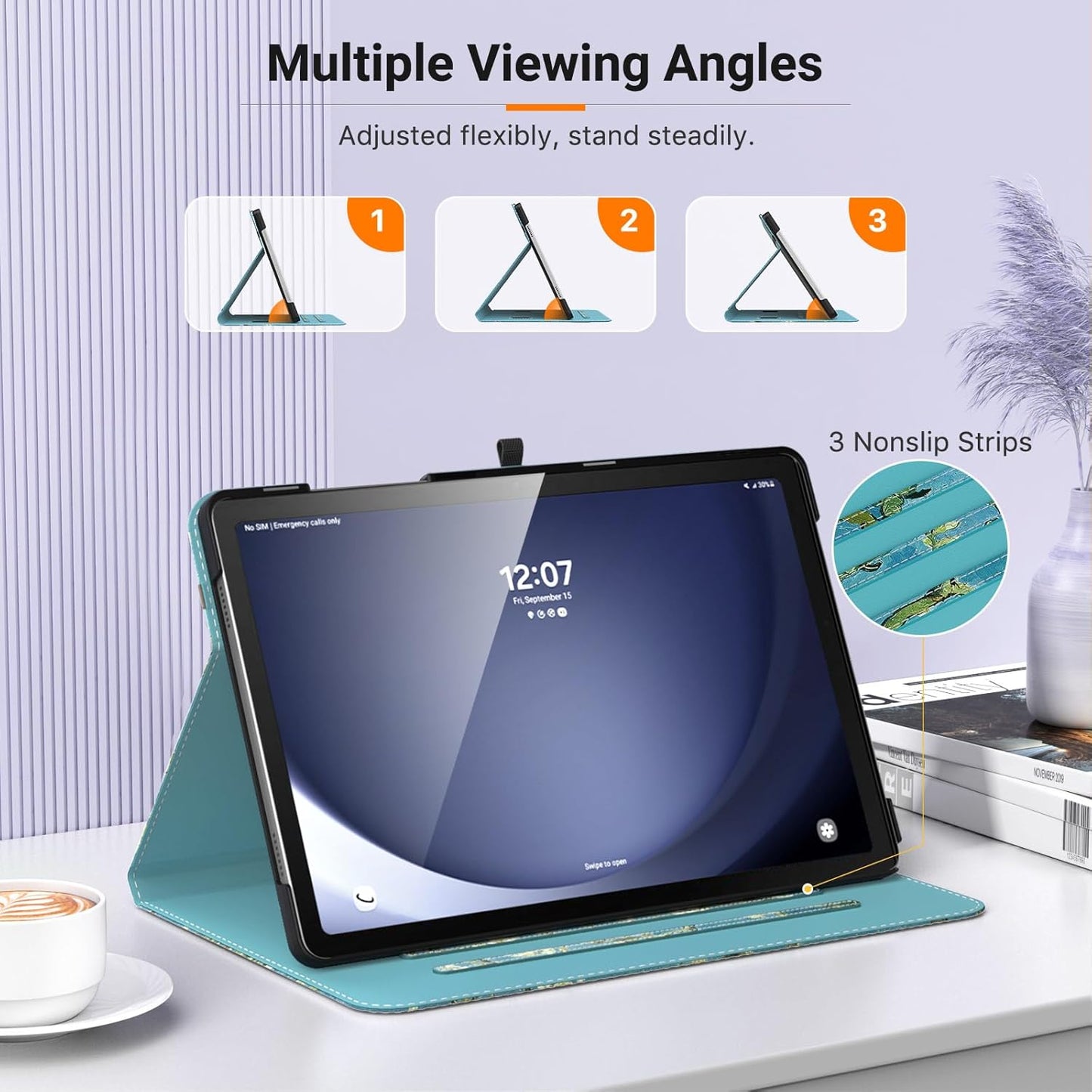 MoKo Case for Samsung Galaxy Tab A9 Plus 11" 2023 (SM-X210/SM-X216/SM-X218), PU Leather Multi-Angle Viewing Folding Stand Cover Case with Hand Strap, Front Pocket, Auto Wake/Sleep, Denim Blue & Brown