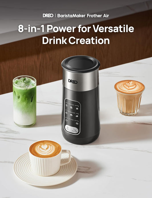 Dreo Milk Frother, 8-in-1 Electric Frother for Latte Art Coffee, 9oz/270ml Warm and Cold Foam Automatic Frothers for Dairy and Non-Dairy Milk, LED, Easy to Clean, BaristaMaker Air - PuriLite