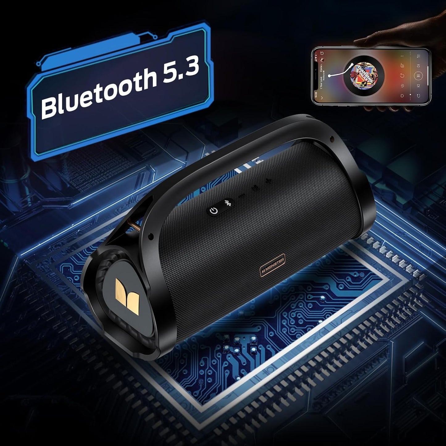 Monster Adventurer Max Bluetooth Speaker with Two Wireless Microphones, IPX7 Waterproof Outdoor Speakers with 100W Powerful Stereo Sound, Portable Bluetooth Speakers for Home, Camping, Gold
