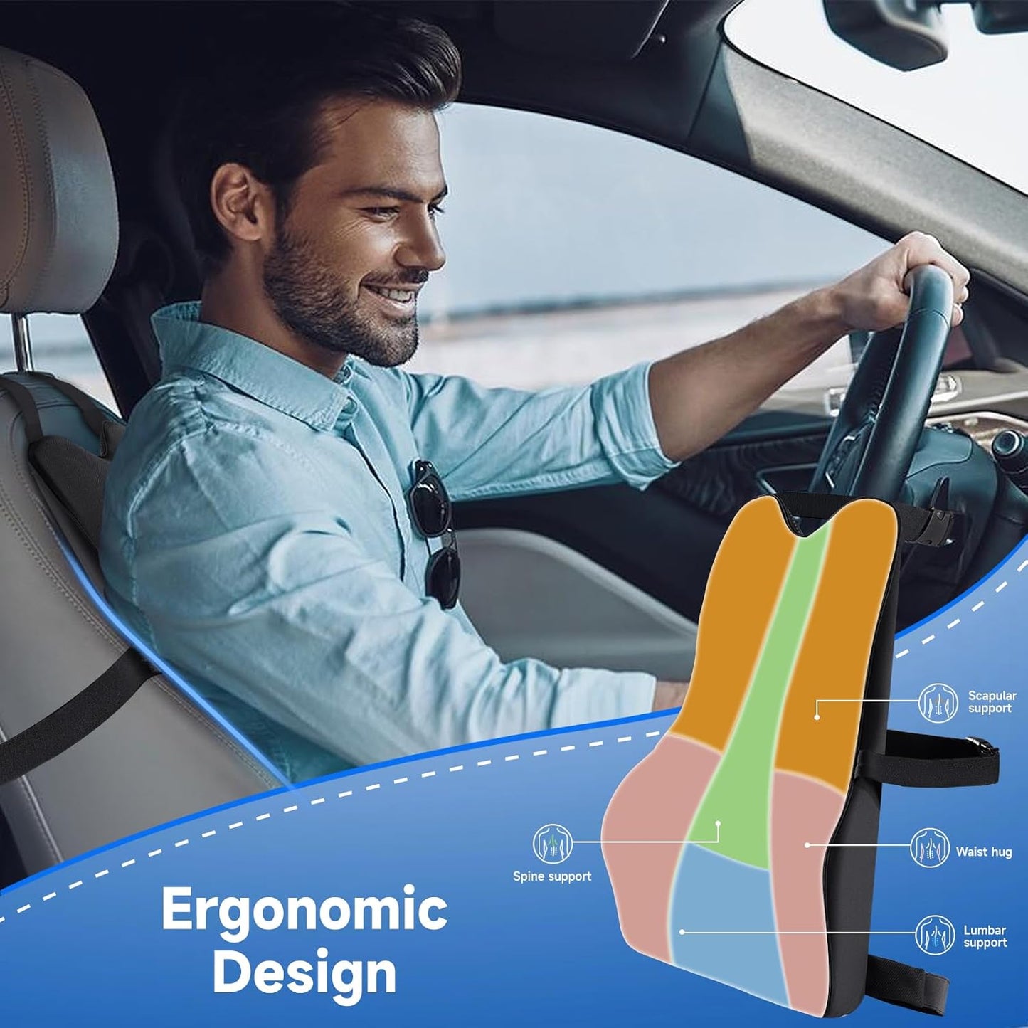 Lumbar Support Pillow for Office Chair Car Sitting Posture Back Support Memory Foam Back Cushion for Driving, Lumbar Comfort for Long Sitting, Truck with Three Adjustable Straps