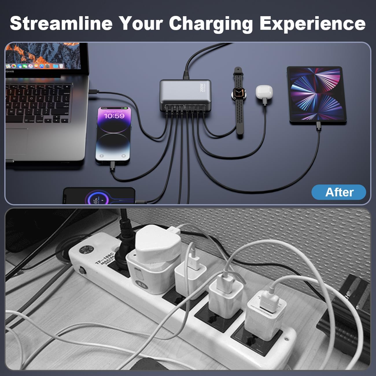 USB C Charger 200W Charger Block, 8-Ports Gan Fast Charging Station Hub, PD 65W Laptop Charging Adapter Compatible with MacBook Pro/Air, DELL, Steam Deck, iPhone 16/15/14, Galaxy S24/S23/S22