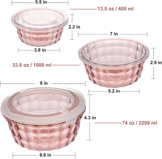 TaiuTaiuloo 3-Piece Salad Bowls with Lids & Handle, BPA Free Plastic Meal Prep Containers for Lunch, Kitchen Mixing & Serving Bowls for Salad, Snack, Fruit, Veggie, Pink - PuriLite