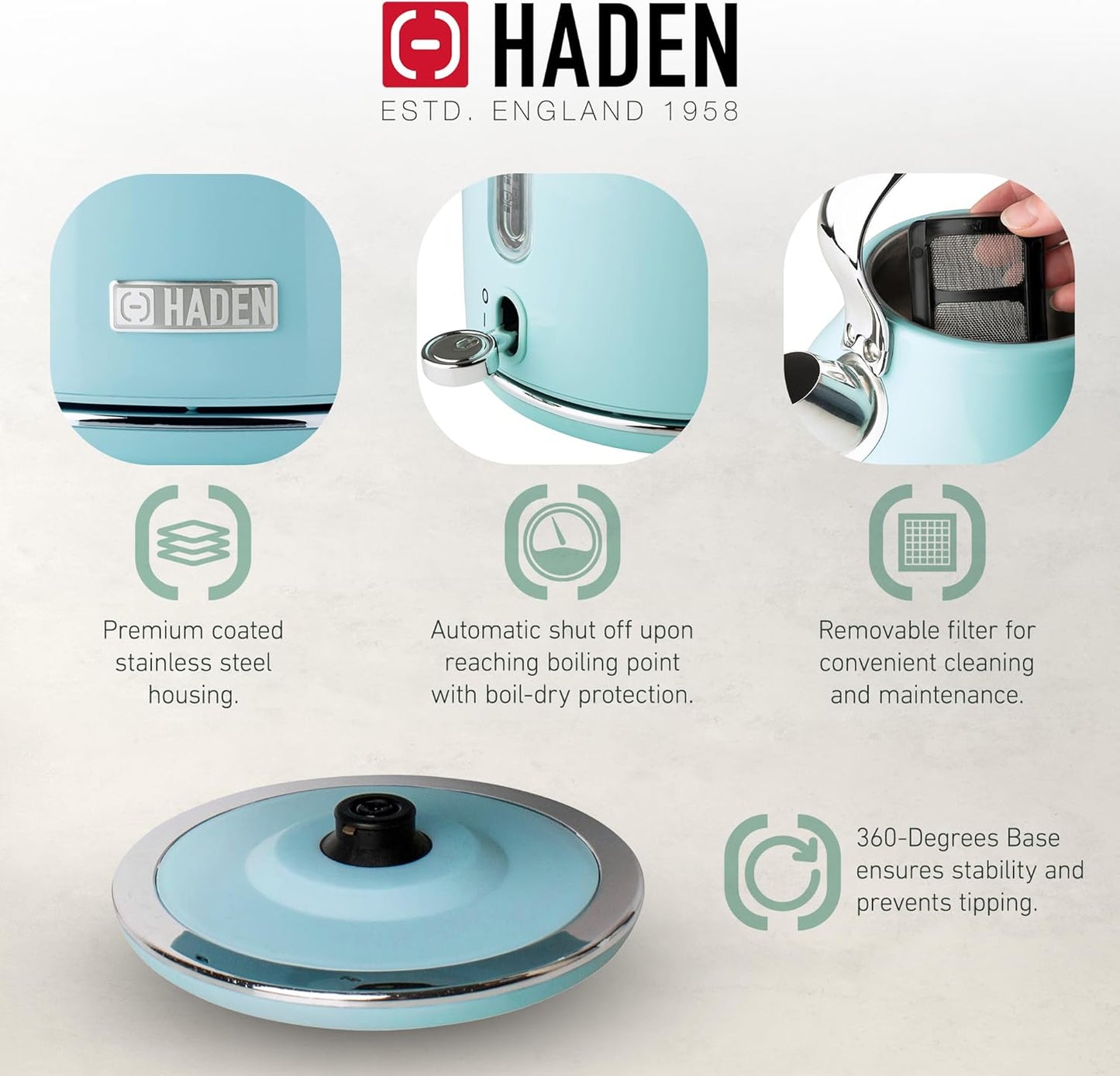 Haden 75041 Heritage 1.7 Liter (7 Cup) Stainless Steel Electric Kettle with Auto Shut-Off and Boil Dry Protection, Black/Copper