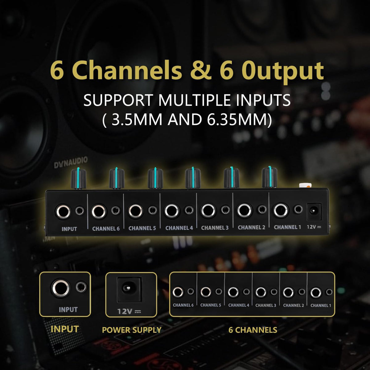 Headphone Amplifier 6 Channel, Stereo Headphone Amp with 3.5mm&6.35mm Input and Output, Metal Portable Studio Headphone Amp Splitter, Headphone Mixer with Mono and Stereo for Recording Studios