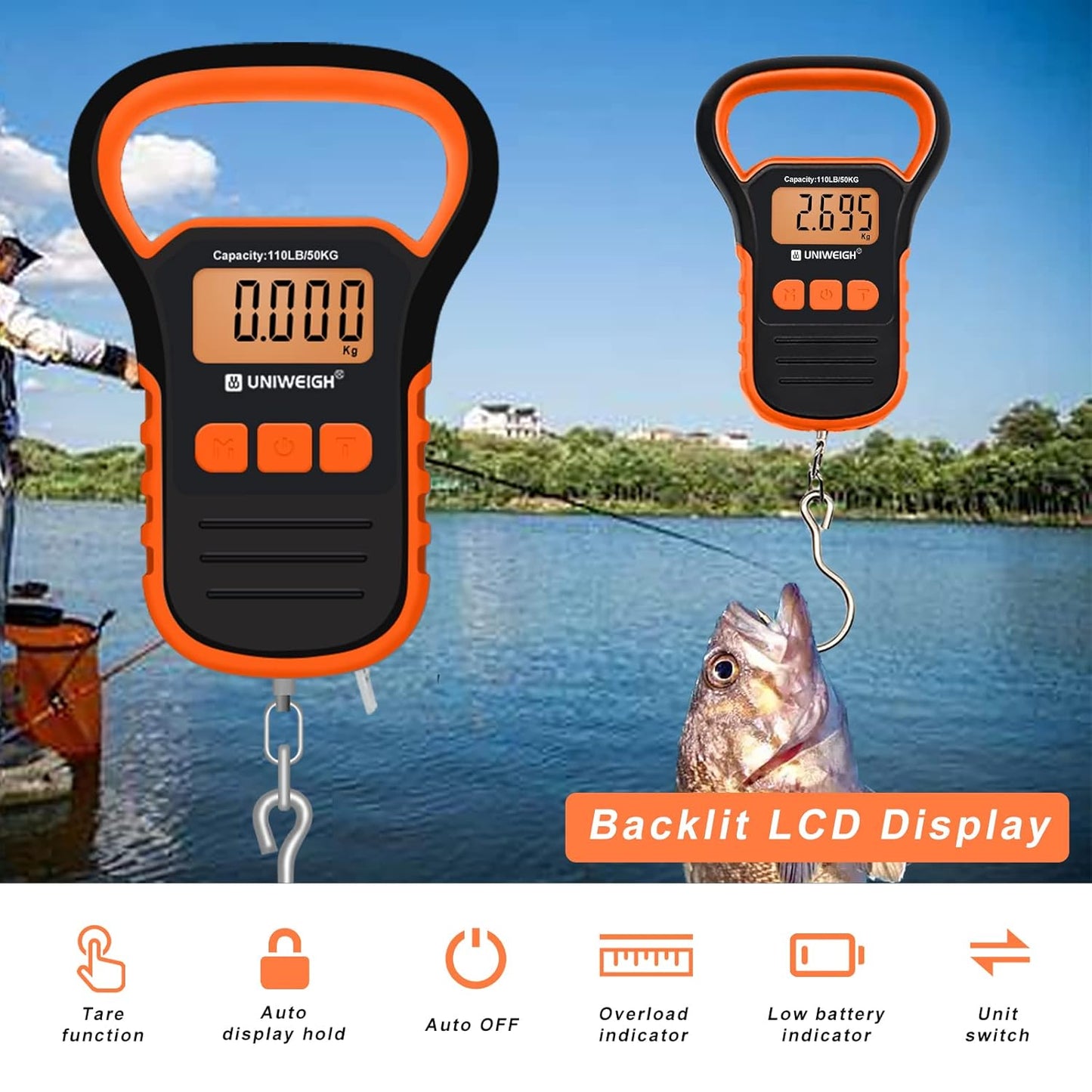 UNIWEIGH Digital Fish Scale Luggage Scale with Fish Lip Gripper, Backlight LCD Display 110lb/50kg Electronic Balance Digital Fishing Postal Hanging Hook Luggage Scale 2 AAA Batteries Included