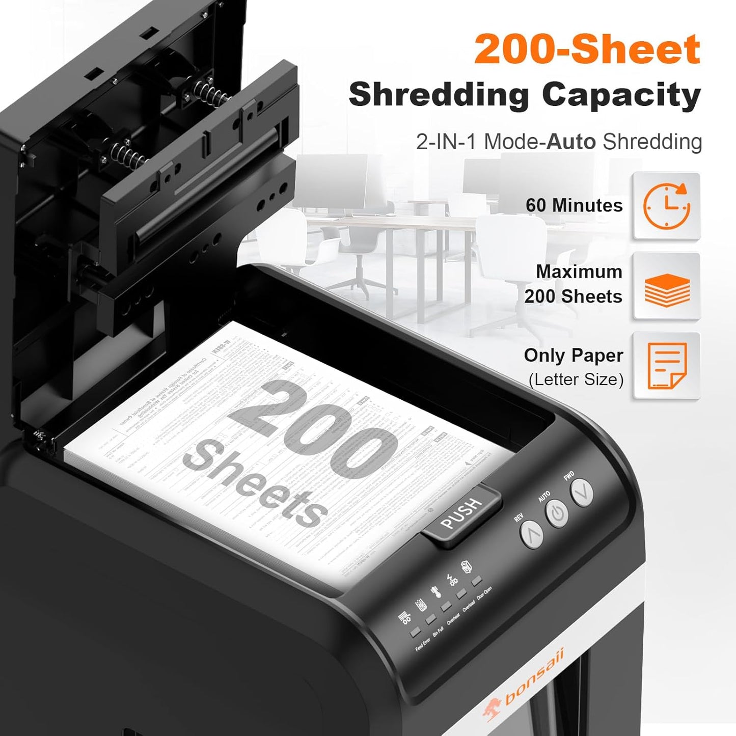 Bonsaii 200-Sheet Auto Feed Paper Shredder, 60 Minutes Nonstop Heavy Duty Shredders, 8.1 Gallon Large Bin Office Document Shredder, Micro-Cut/High Security P-4 Commercial Grade Shredder (C283-A)