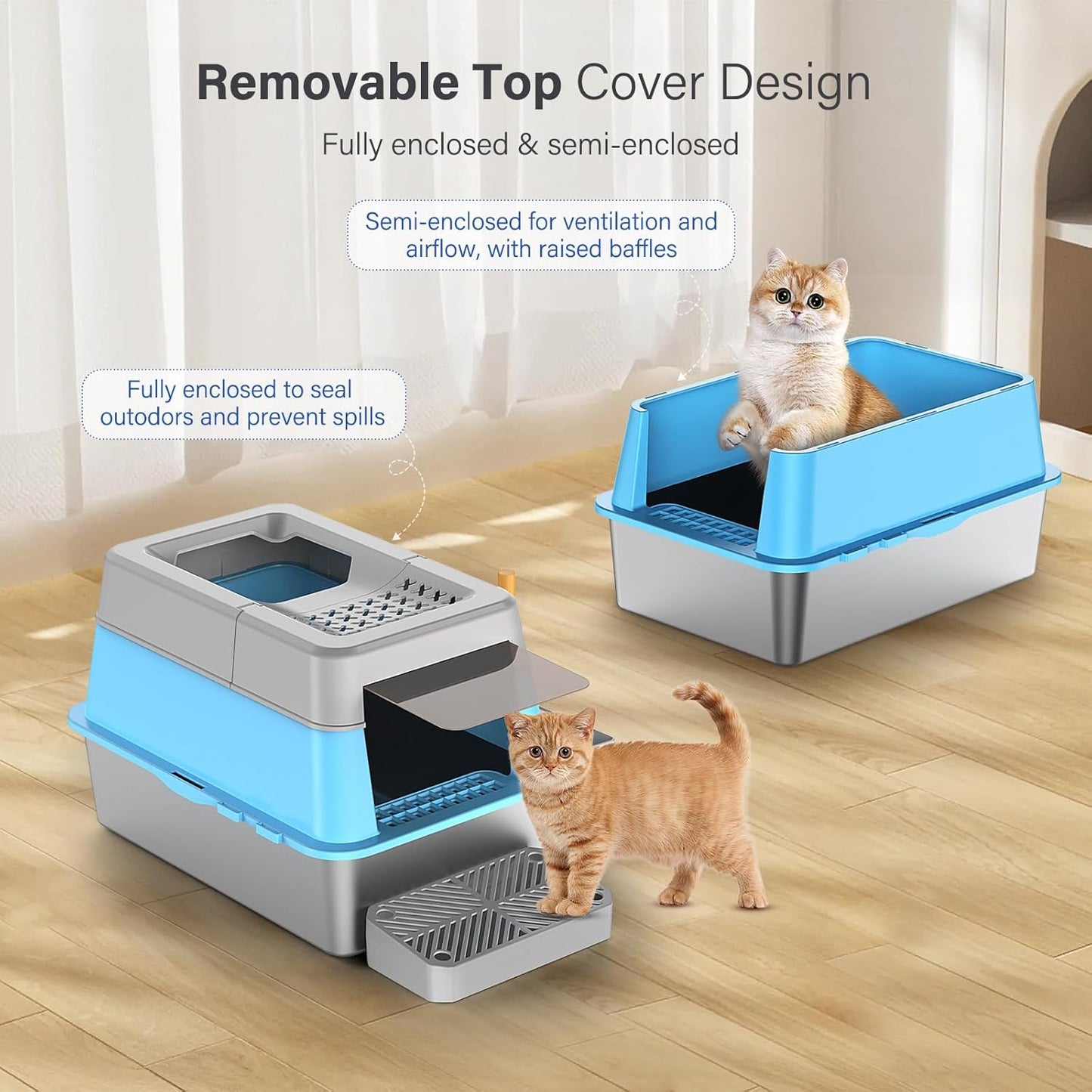 Stainless Steel Litter Box with Lid, XL Extra Large Enclosed Cat Litter Box for Big Cats 110° Flip Cover, Top Entry Metal High Sided Litter Box & Pedal & Scoop, Anti-Leakage (Grey)