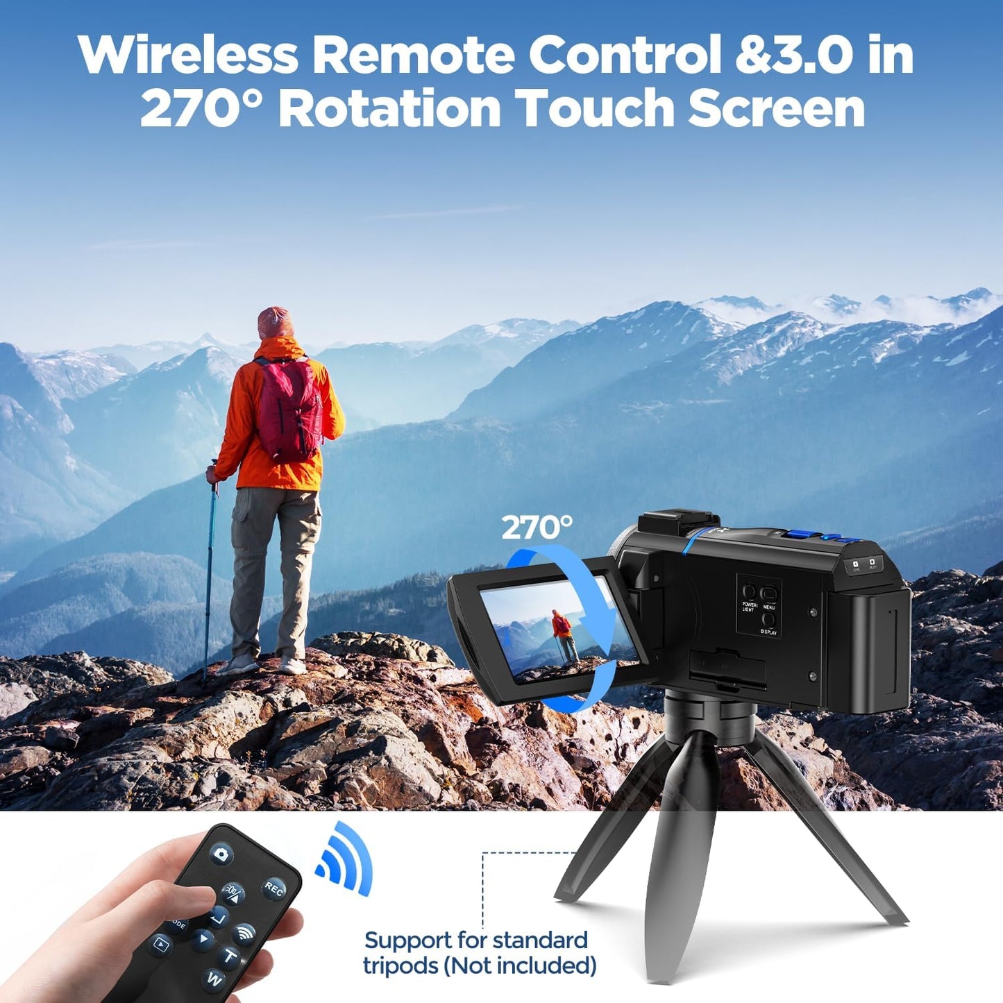 Video Camera Camcorder 4K 48MP, IR Night Vision 3” 270°Rotation Touchscreen Video Recorder for Vlog YouTube 16X Digital Zoom Compact Travel Cam Corder with Battery,32GB Card, Remote Control