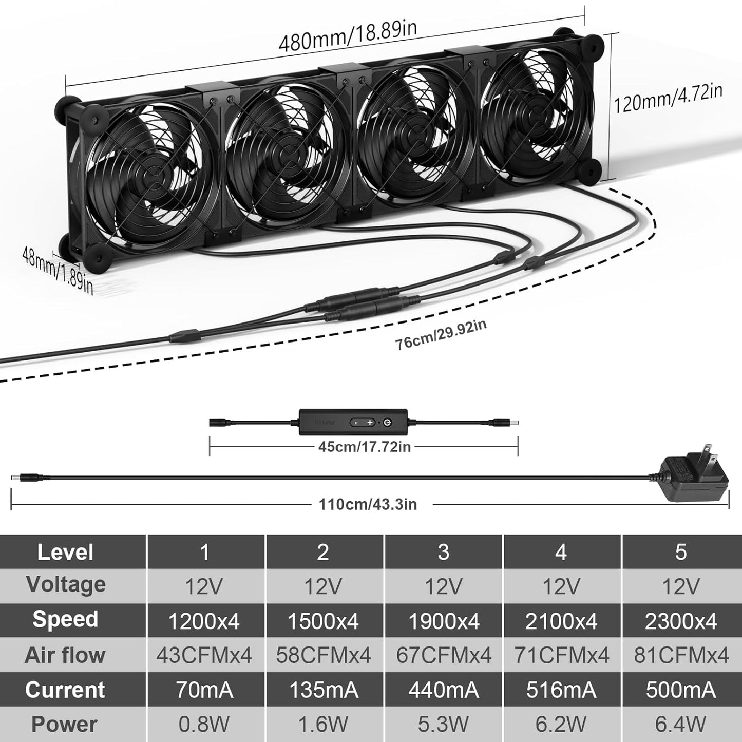 upHere Big Airflow 4 x 120mm x 25mm Computer Fan with AC Plug Cabinet Fan 100V 240V AC Power Supply,DC 12V 5 Speed Controller, for Router Mining Machine Chassis Server Workstation Cooling - PuriLite