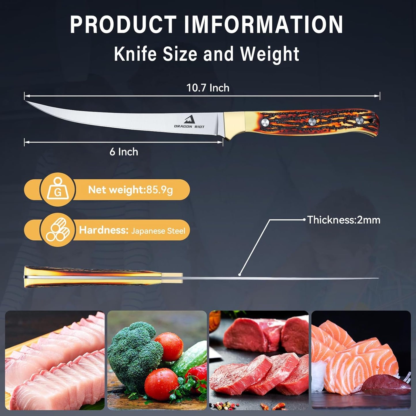 DRAGON RIOT Fillet Knife 7.5 inch Professional Boning Knife for Filleting Japanese Stainless Steel Fish Knife with Ergonomic Handle Super Sharp Fish Filleting Knife for Meat Poultry Cutting
