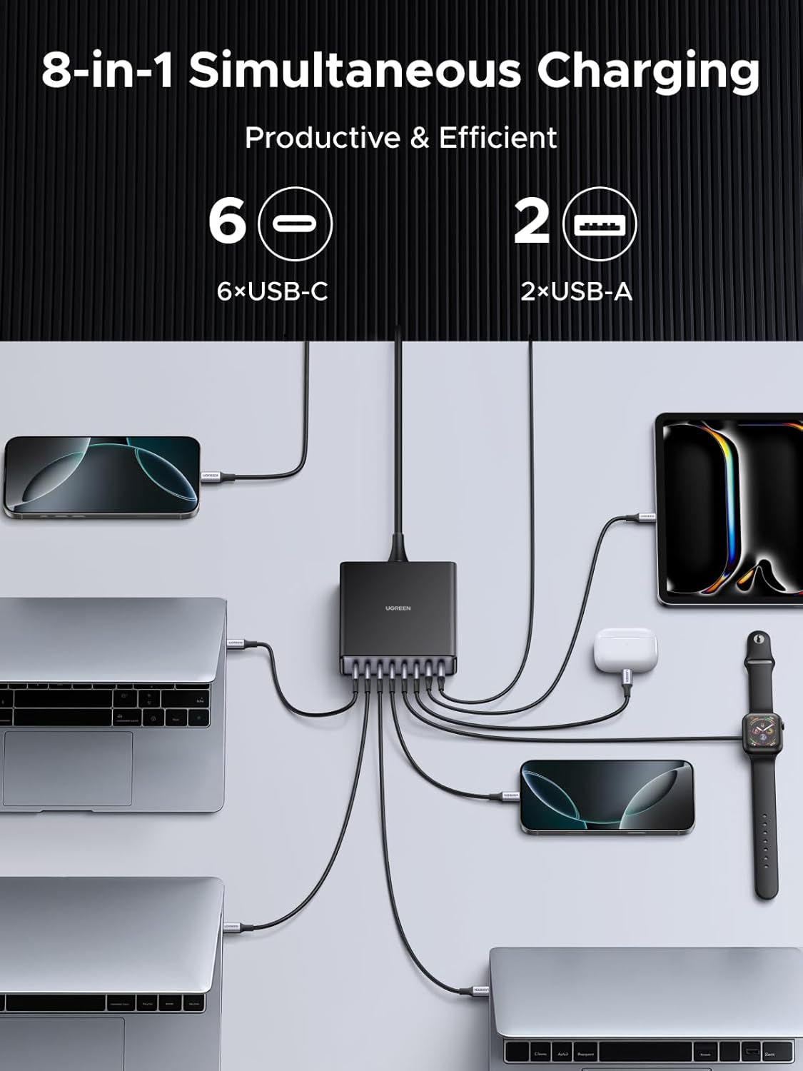 UGREEN 200W 8-Port GaN USB C Charger Block, Desktop Charging Station USB C and USB PD 100W Fast Charging Compatible for MacBook Pro 16" Air, XPS 13, iPad Pro, iPhone 16 Pro, Galaxy S25