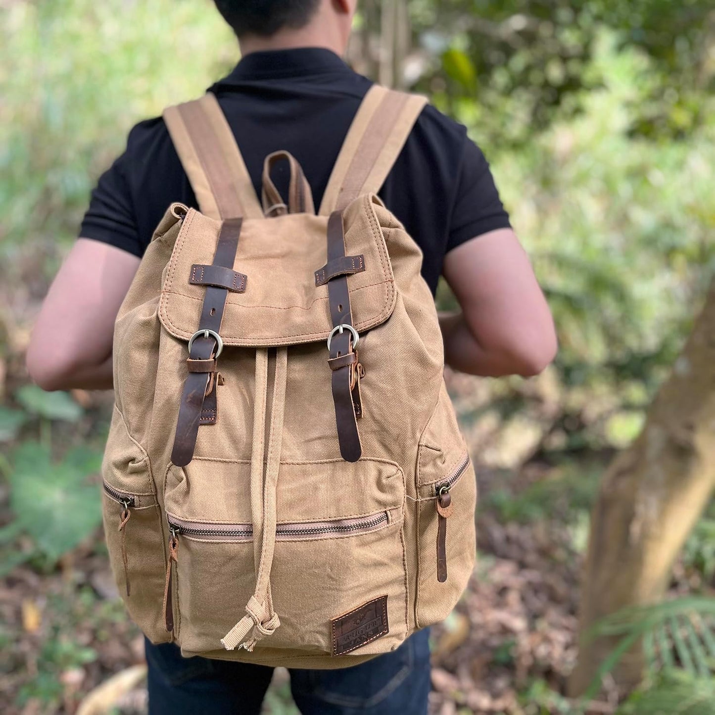 AUGUR Canvas Backpack,17 inch Laptop Backpack Vintage Canvas Leather Backpacks Casual School College Bag Pack Bookbag Hiking Travel Rucksack Daypack (L-Coffee)